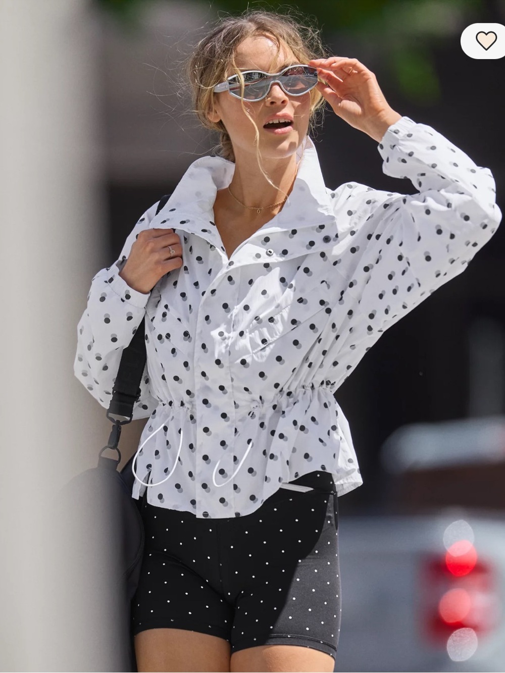White Polka Dot Cinch-Waist Windbreaker Jacket